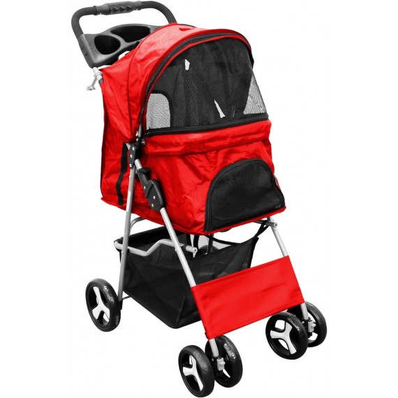 Carrinho de Passeio Pet com Porta Copo para Cães e Gatos - Vermelho